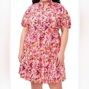 CeCe Printed Puff Sleeve Ruffled Neck V-Neck Tiered Baby Doll Dress 1X